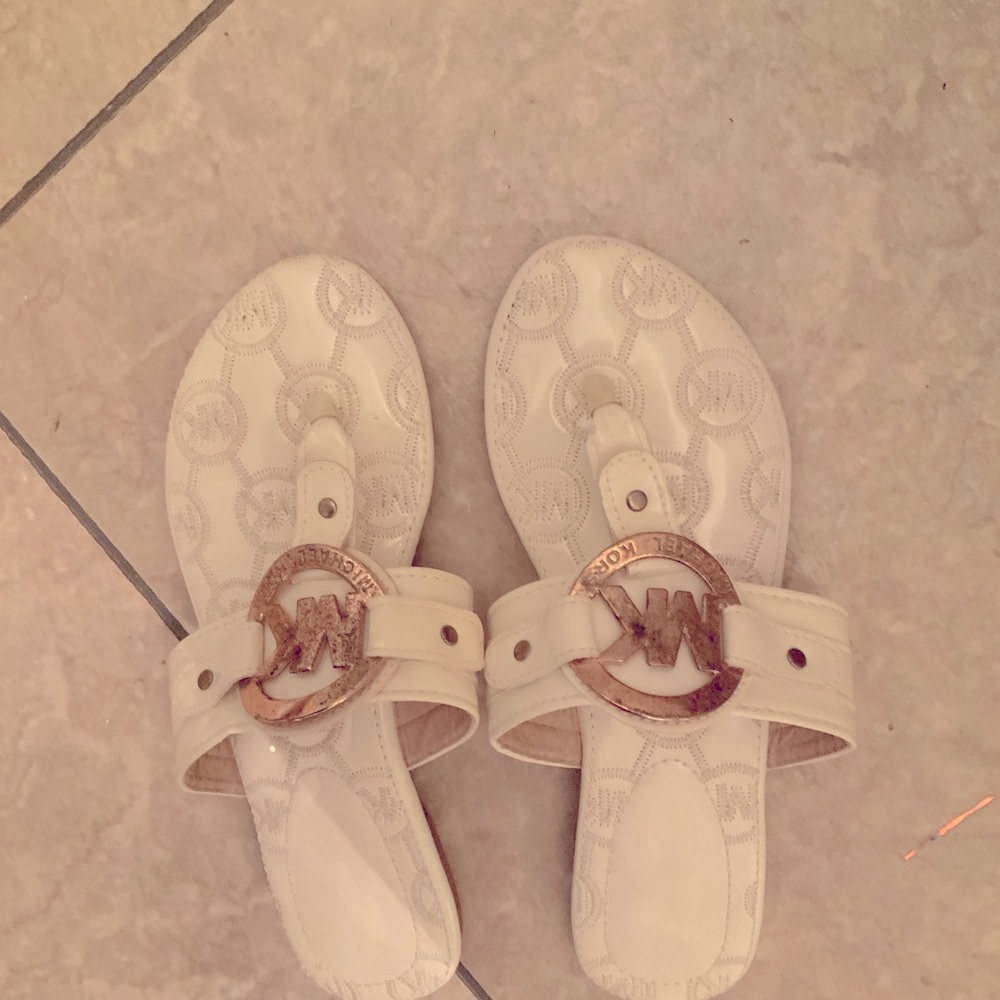 Michael Kors White Sandal Slides with Gold MK Medallion